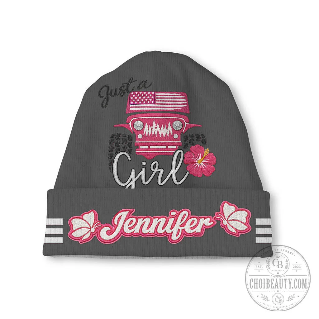 Just a Jeep Girl Offroad Personalized Pink Beanie Hat with Hibiscus Flower 24 Just a Jeep Girl Offroad Personalized Pink Beanie Hat with Hibiscus Flower