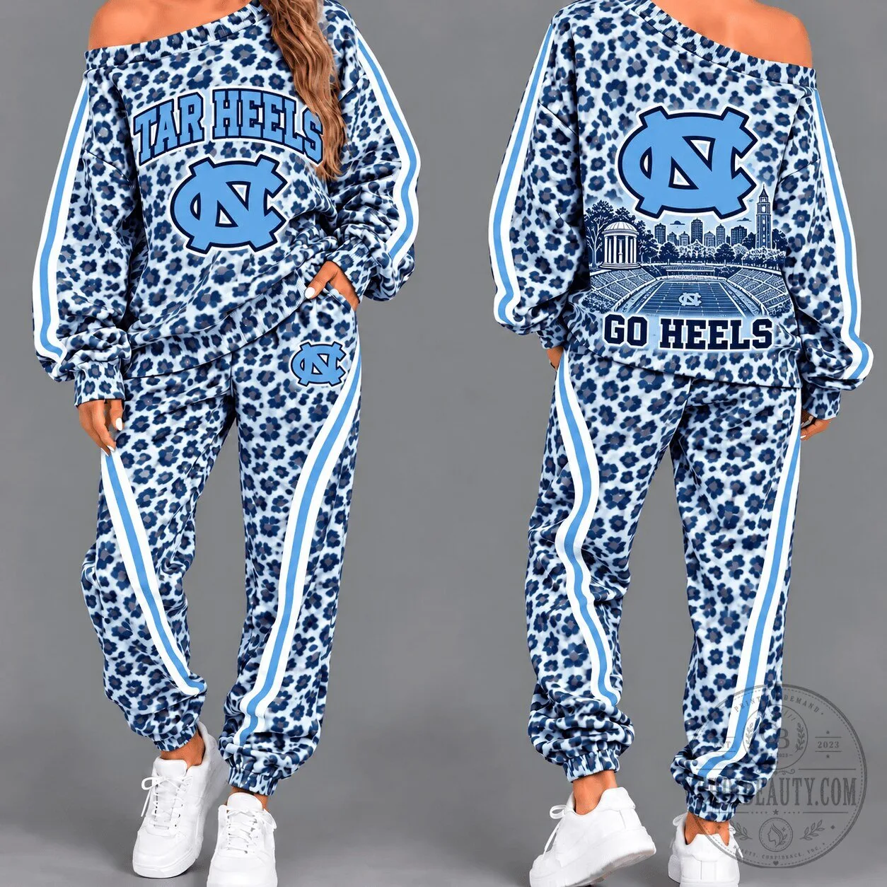 North Carolina Tar Heels Leopard Print Off Shoulder Sweatshirt and Pants Set