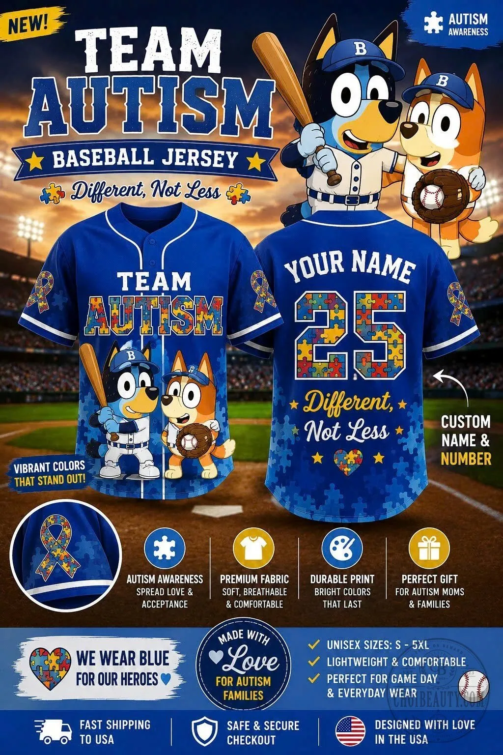 Team Autism Awareness Bluey And Bingo Custom Baseball Jersey