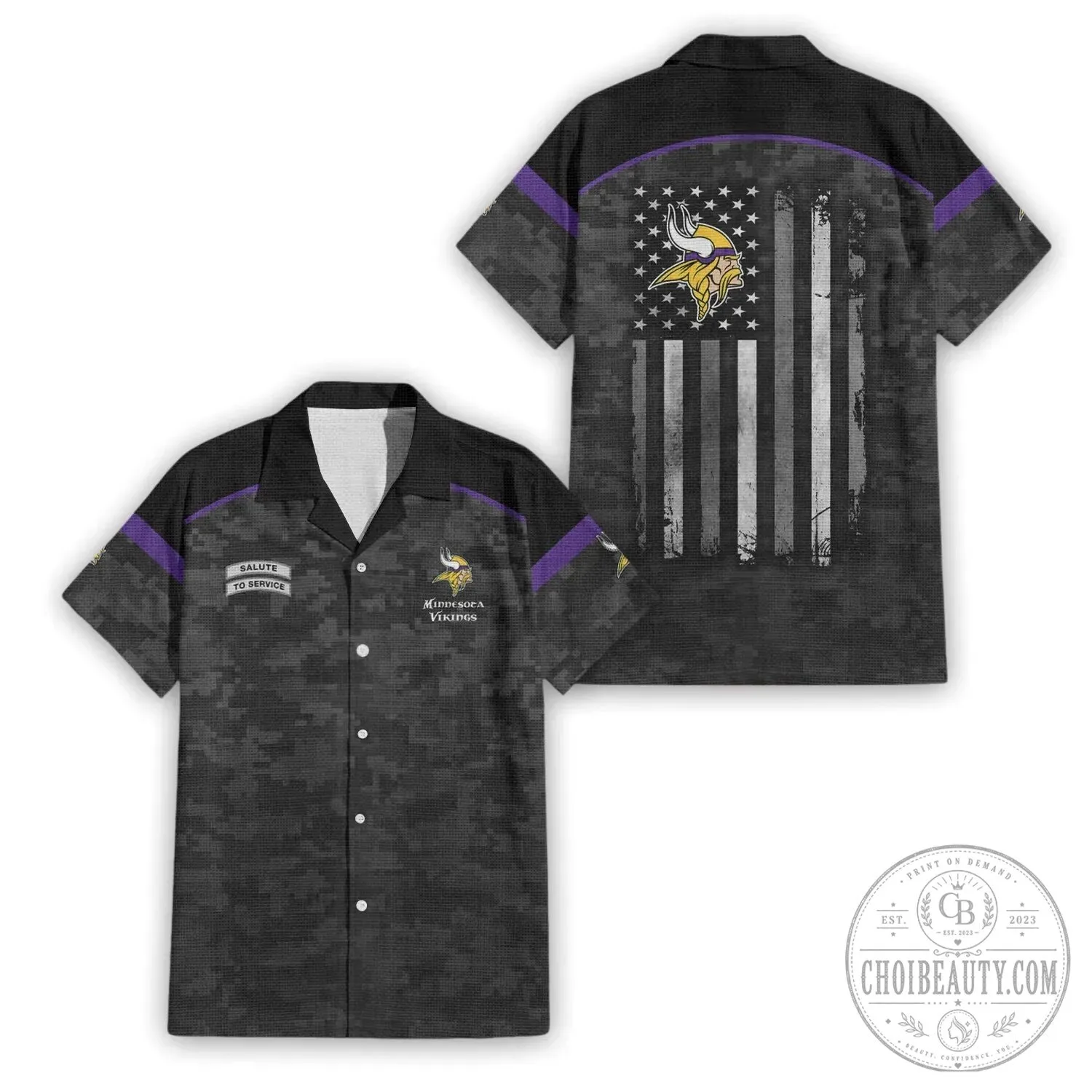 Hawaiian Shirt with Camouflage and American Flag for Minnesota Vikings Salute To Service 2 Hawaiian Shirt with Camouflage and American Flag for Minnesota Vikings Salute To Service