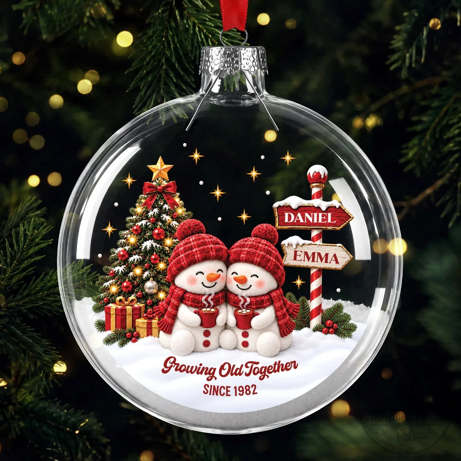 Christmas Tree Ornament of a Snowman Couple Celebrating Growing Old Together