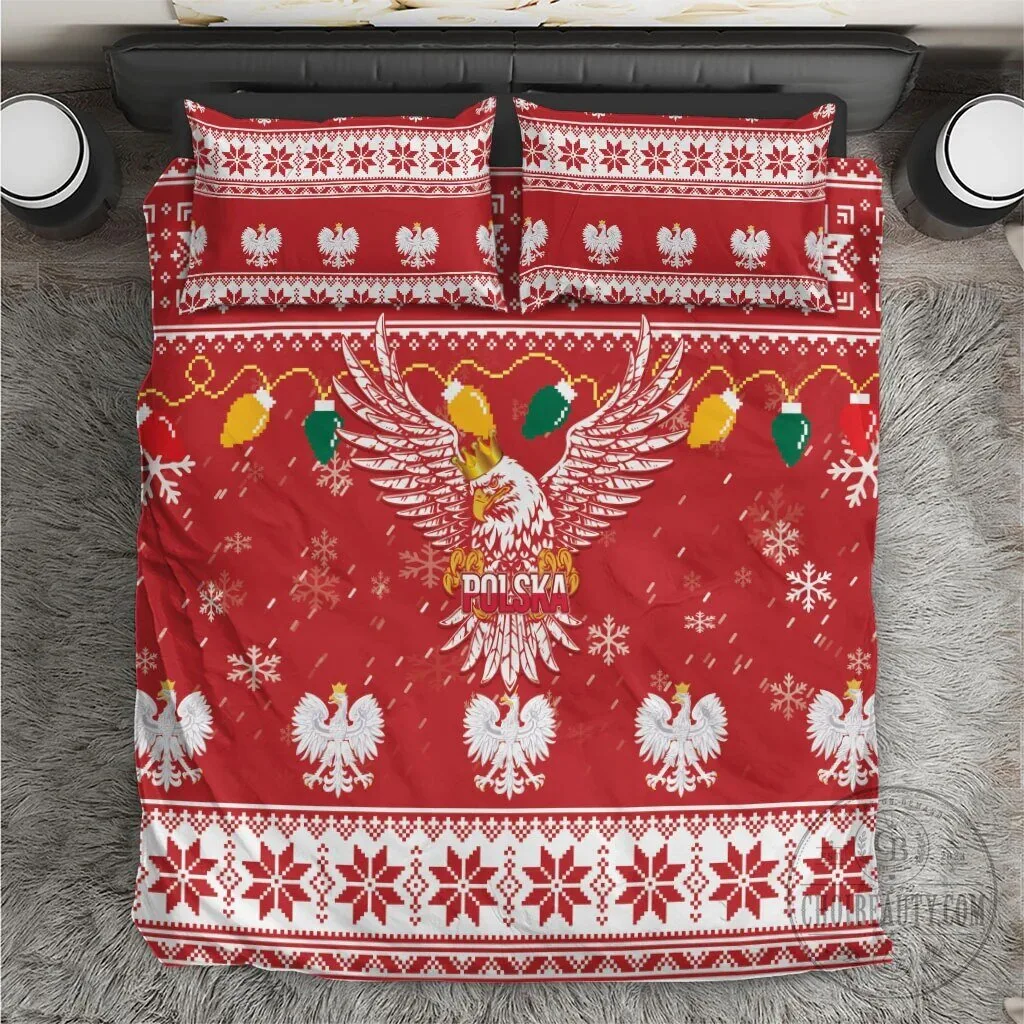 Poland White Eagle Christmas Snowflakes Red Holiday Bedding Set