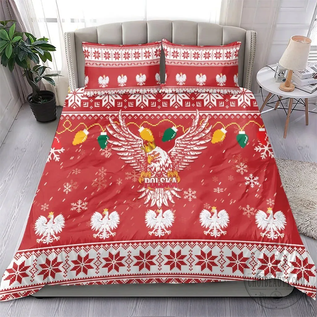 Poland White Eagle Christmas Snowflakes Red Holiday Bedding Set 12 Poland White Eagle Christmas Snowflakes Red Holiday Bedding Set