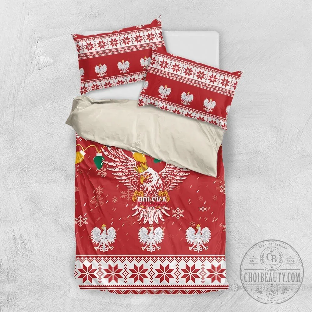 Poland White Eagle Christmas Snowflakes Red Holiday Bedding Set 15 Poland White Eagle Christmas Snowflakes Red Holiday Bedding Set