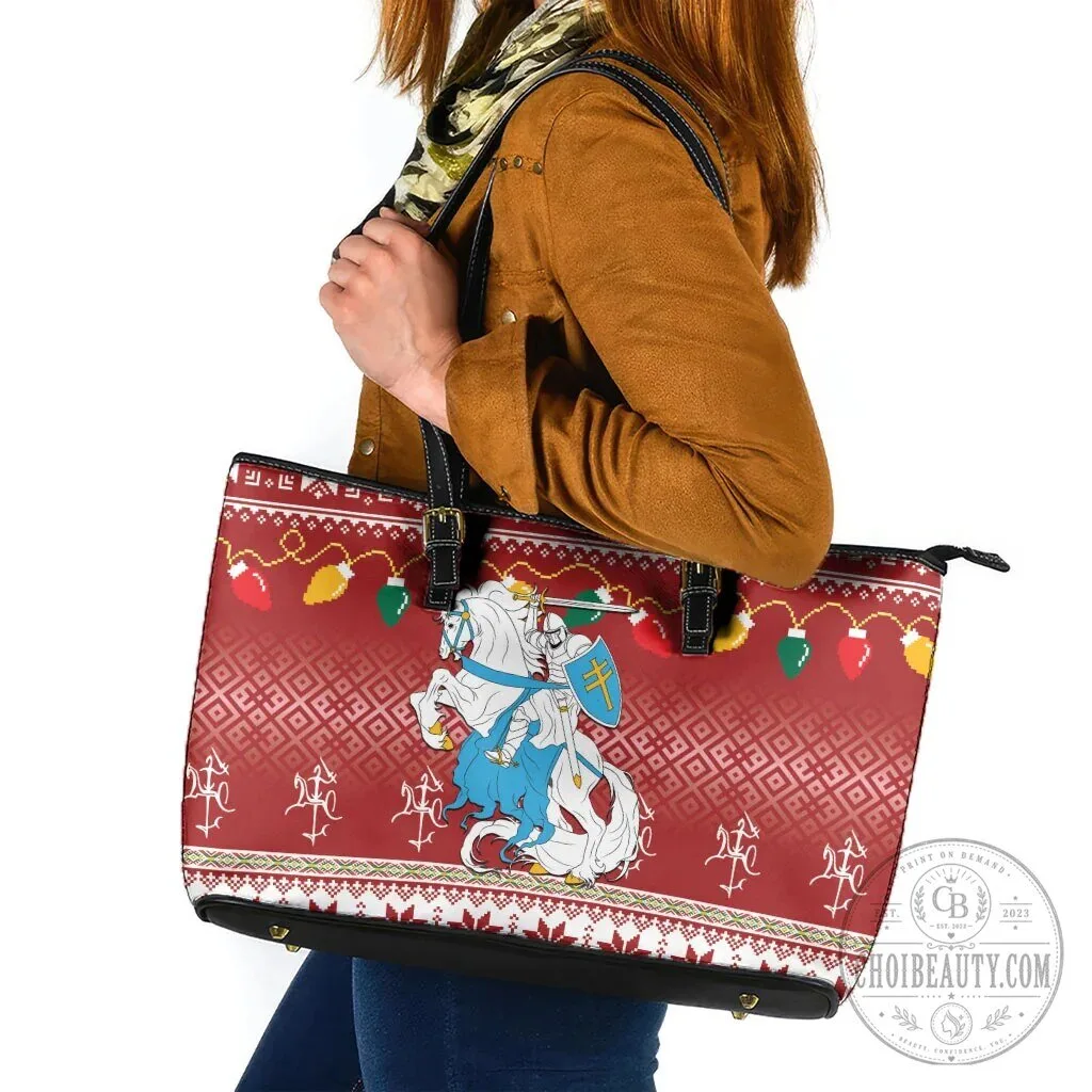 Lithuania Christmas Vytis Knight Holiday Pattern Leather Tote Bag 10 Lithuania Christmas Vytis Knight Holiday Pattern Leather Tote Bag