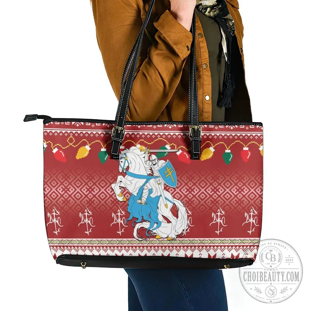 Lithuania Christmas Vytis Knight Holiday Pattern Leather Tote Bag 11 Lithuania Christmas Vytis Knight Holiday Pattern Leather Tote Bag