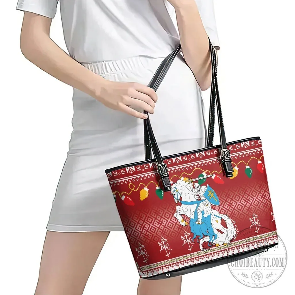 Lithuania Christmas Vytis Knight Holiday Pattern Leather Tote Bag 12 Lithuania Christmas Vytis Knight Holiday Pattern Leather Tote Bag