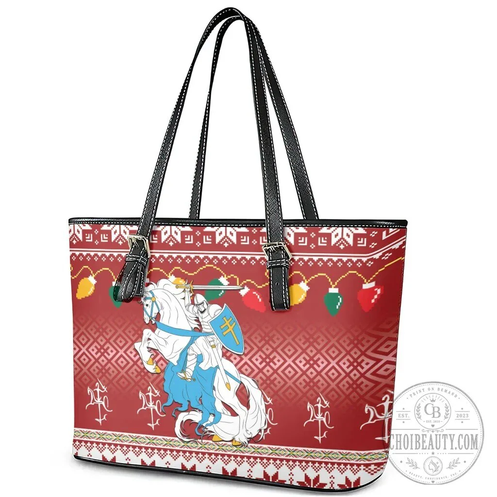 Lithuania Christmas Vytis Knight Holiday Pattern Leather Tote Bag 13 Lithuania Christmas Vytis Knight Holiday Pattern Leather Tote Bag