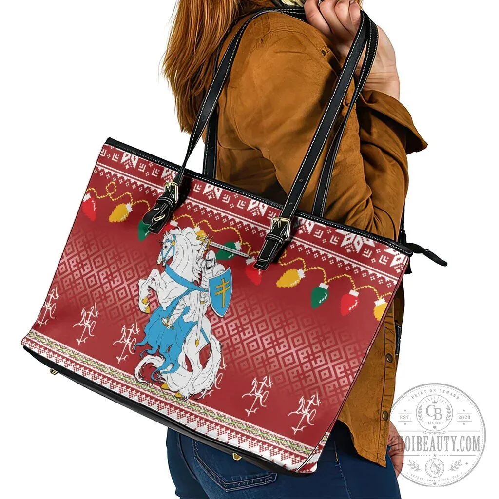 Lithuania Christmas Vytis Knight Holiday Pattern Leather Tote Bag 15 Lithuania Christmas Vytis Knight Holiday Pattern Leather Tote Bag