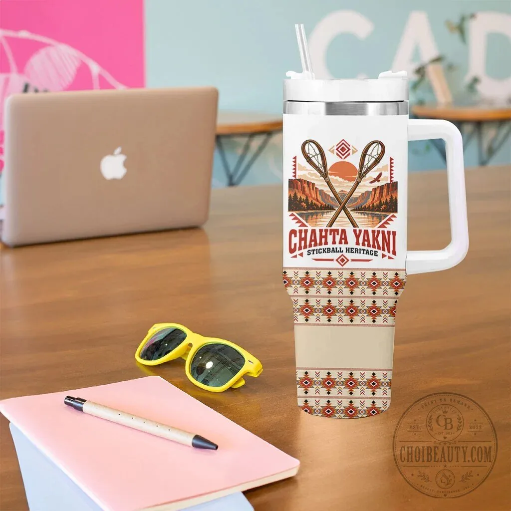 Chahta Yakni Stickball Heritage Tumbler With Handle Native American Tribal Landscape 14 Chahta Yakni Stickball Heritage Tumbler With Handle Native American Tribal Landscape
