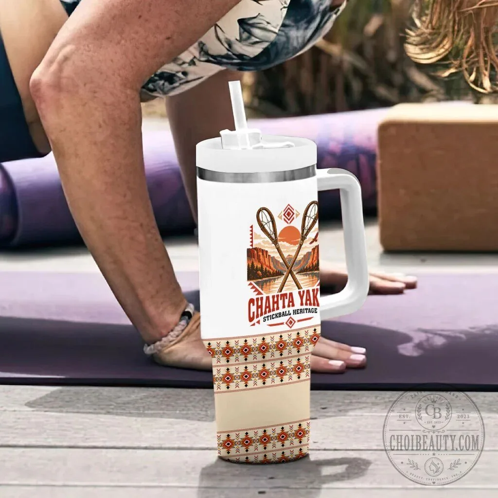 Chahta Yakni Stickball Heritage Tumbler With Handle Native American Tribal Landscape 15 Chahta Yakni Stickball Heritage Tumbler With Handle Native American Tribal Landscape