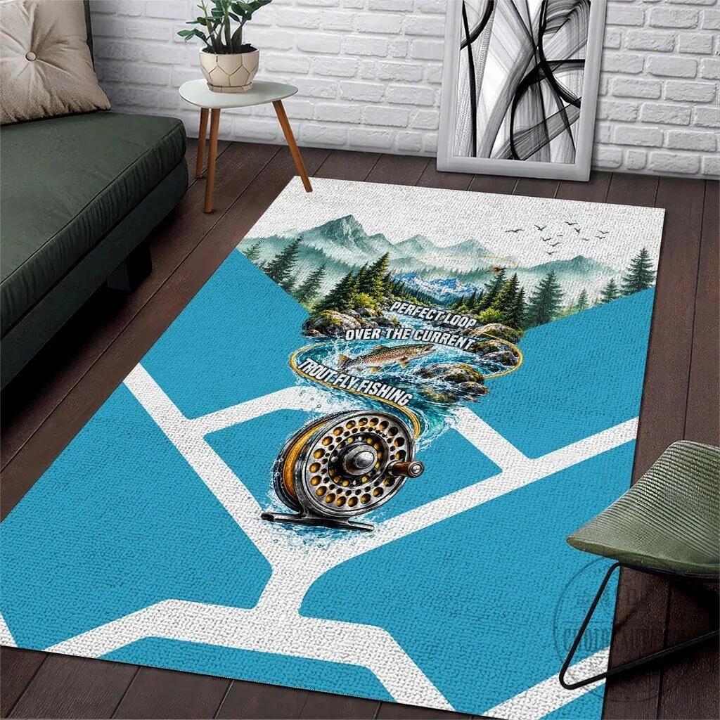 Trout Fly Fishing Perfect Loop Over The Current Area Rug Outdoor Wilderness Scenic Mountain Stream Fisherman