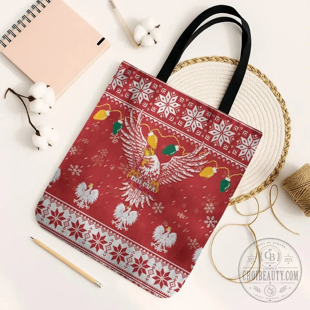 Poland Merry Christmas White Eagle Snowflakes Holiday Tote Bag