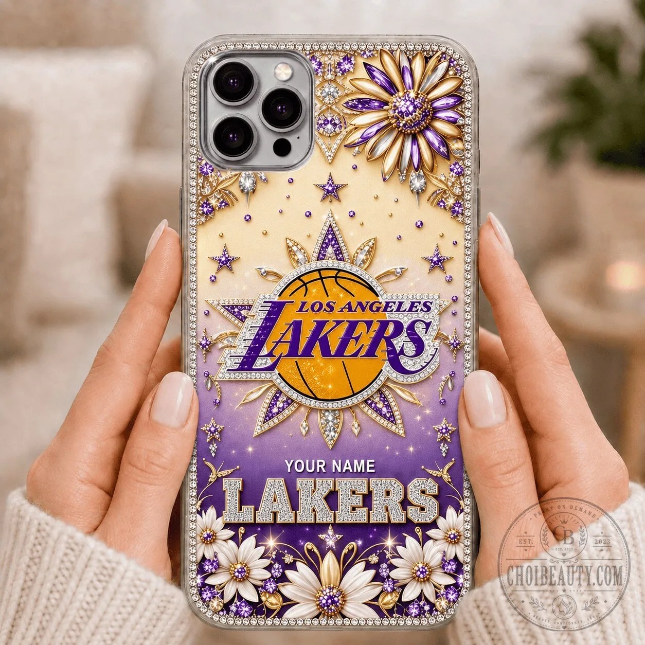 Los Angeles Lakers Custom Name Bling Rhinestone Floral Phone Case for iPhone