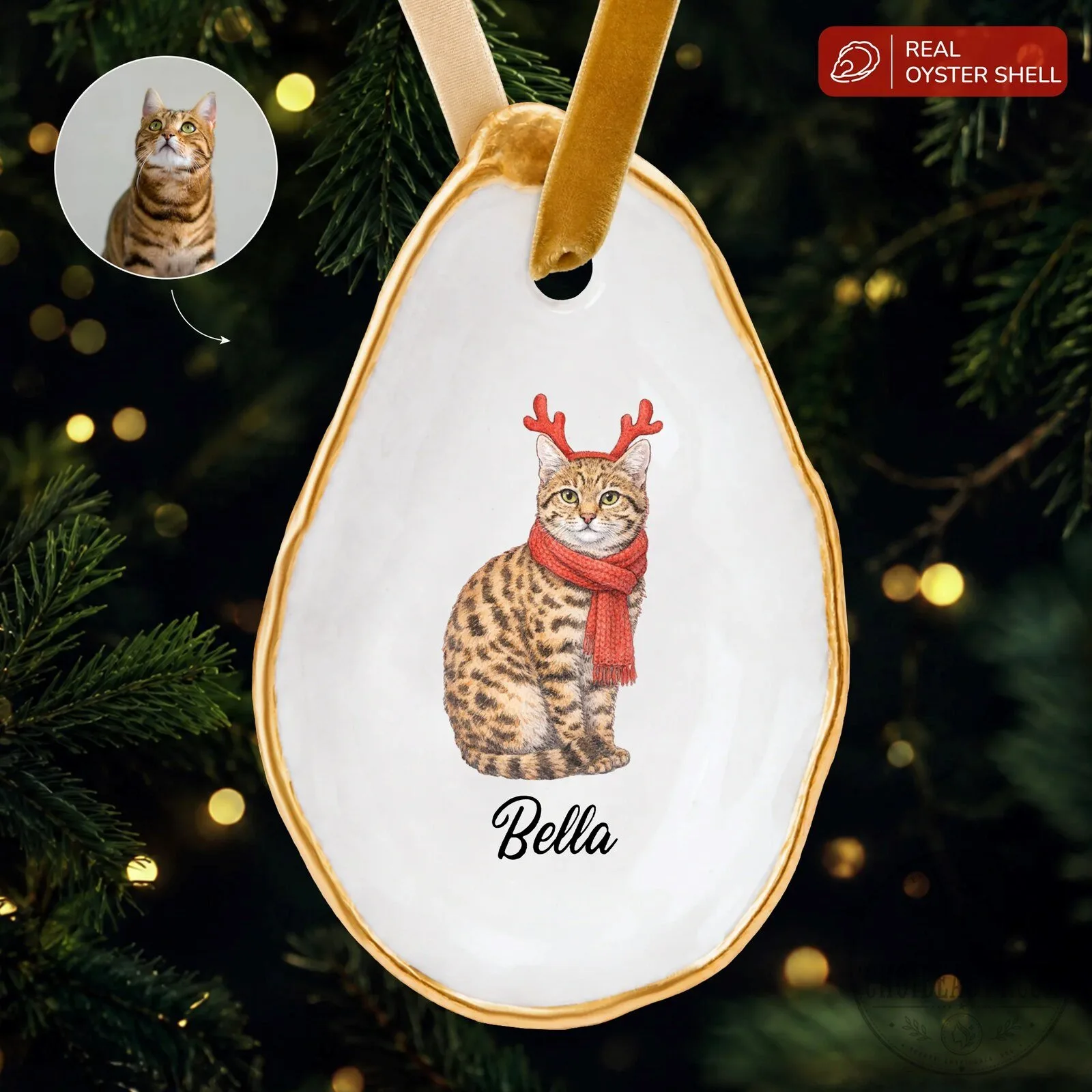 Personalized Pet Portrait Oyster Shell Christmas Ornament