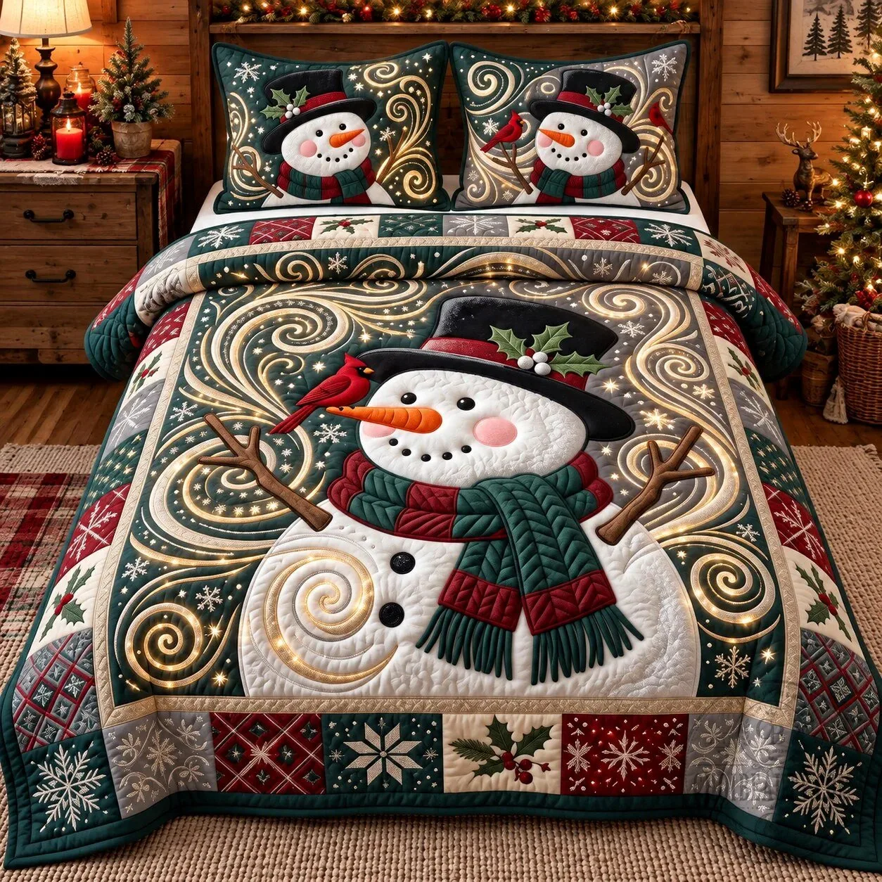 Festive Snowman Christmas Holiday Quilted Bedding Set with Pillow Shams