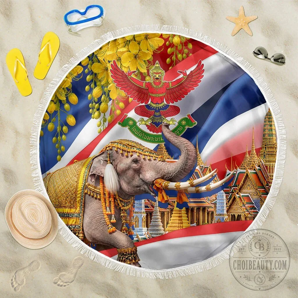Thailand Flag Golden Elephant Temple Garuda Beach Blanket 5 Thailand Flag Golden Elephant Temple Garuda Beach Blanket