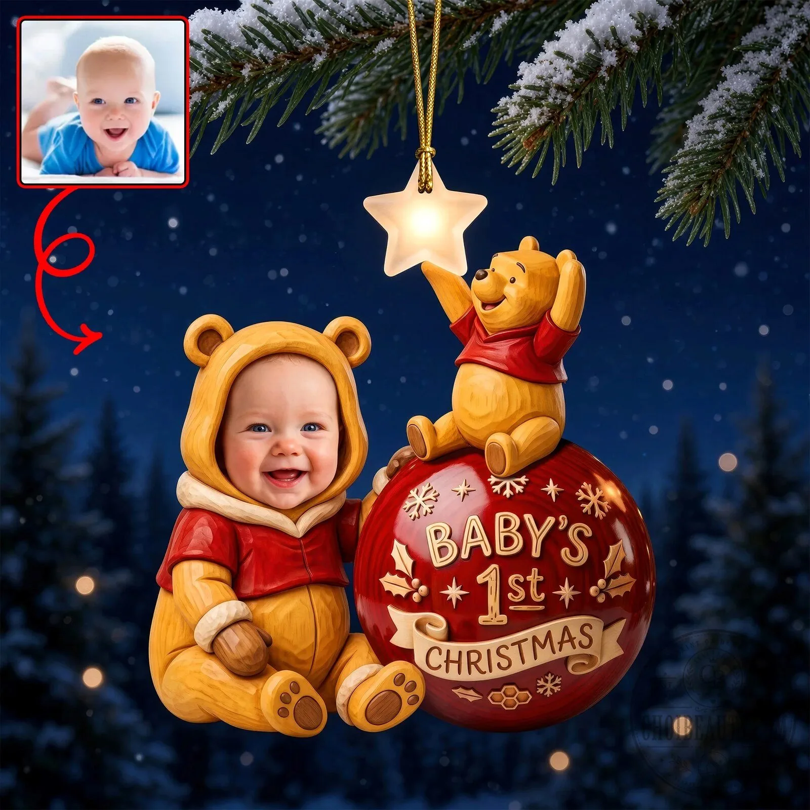 Baby's First Christmas Winnie The Pooh Personalized Photo Ornament