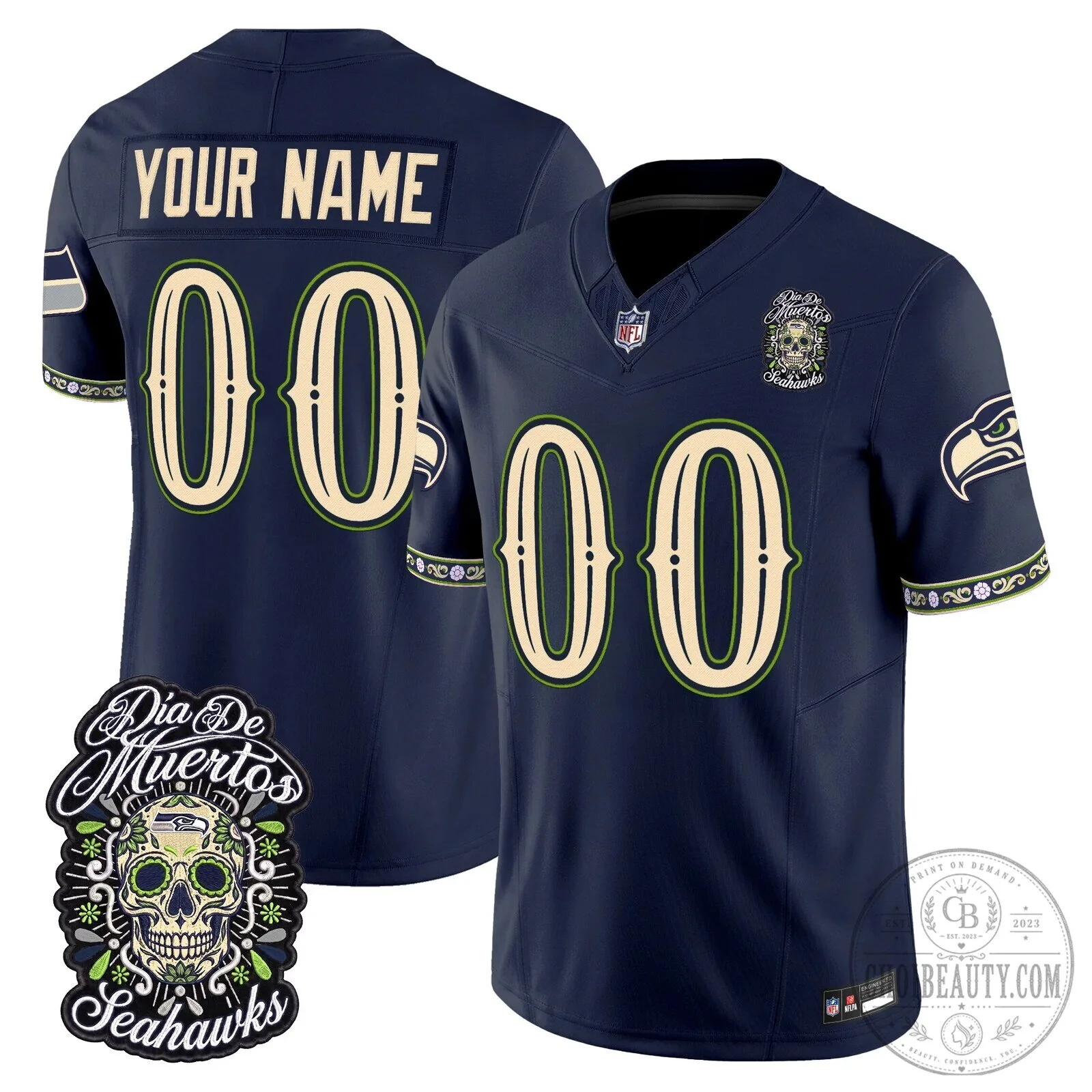 Custom Football Jersey for Seattle Seahawks Featuring Dia de los Muertos Design 2 Custom Football Jersey for Seattle Seahawks Featuring Dia de los Muertos Design
