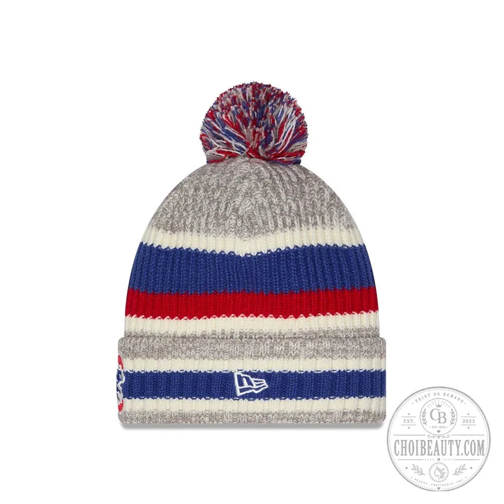 Chicago Cubs New Era Crawl Bear Striped Knit Pom Beanie Hat 8 Chicago Cubs New Era Crawl Bear Striped Knit Pom Beanie Hat