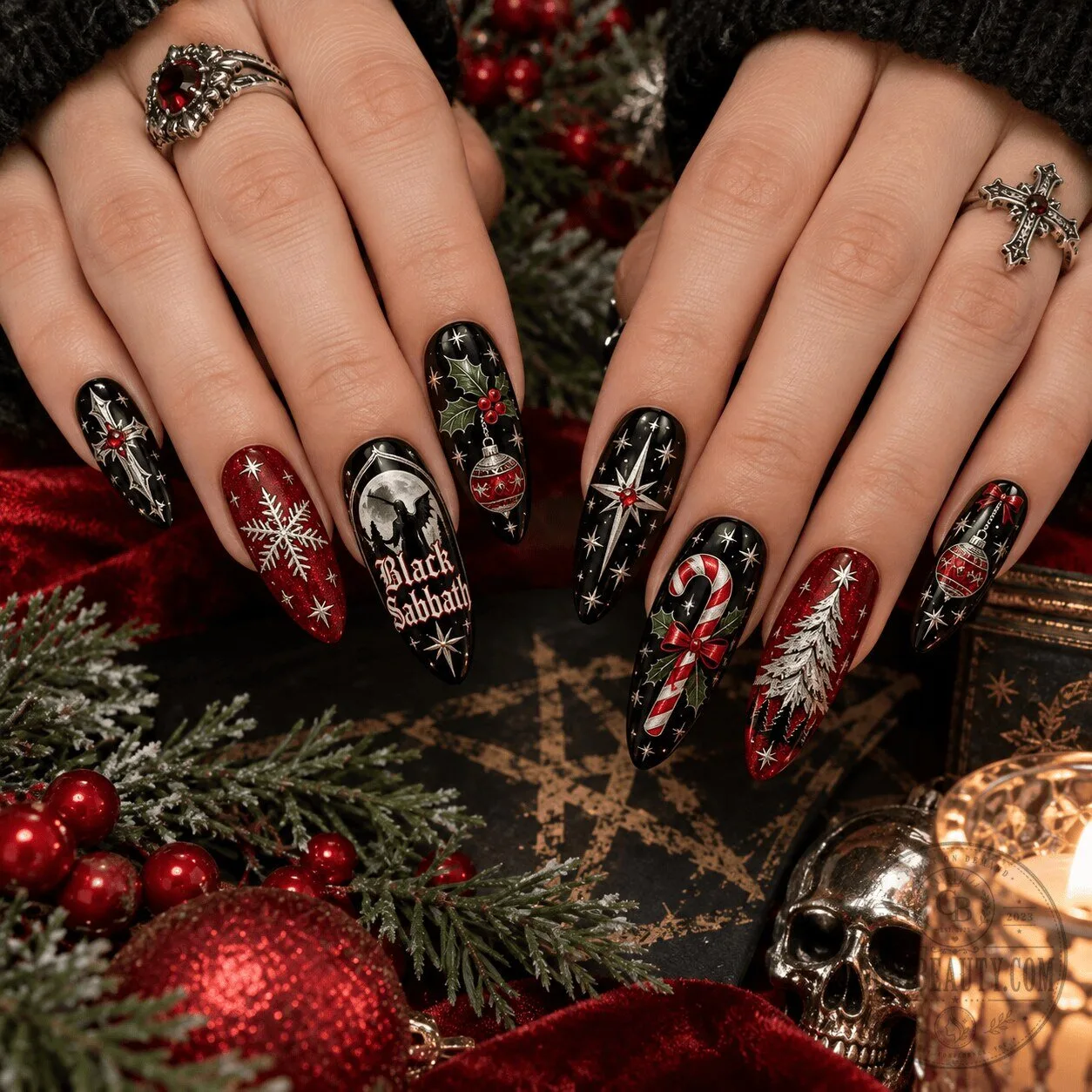 Black Sabbath Christmas Holiday Press On Nails Set with Winter Snowflake Designs