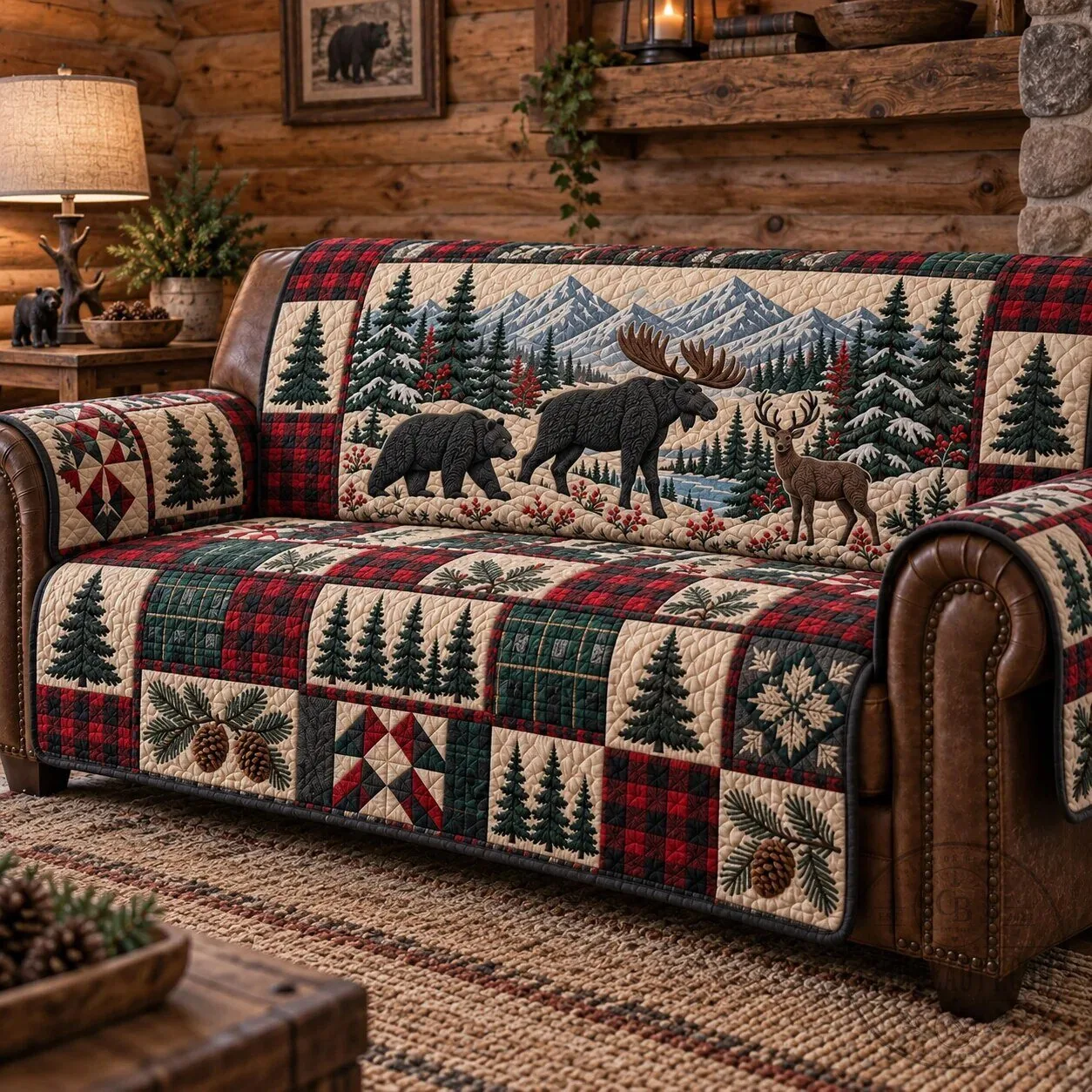 Rustic Forest Patchwork Quilted Sofa Cover with Moose Bear Deer Mountain Scene