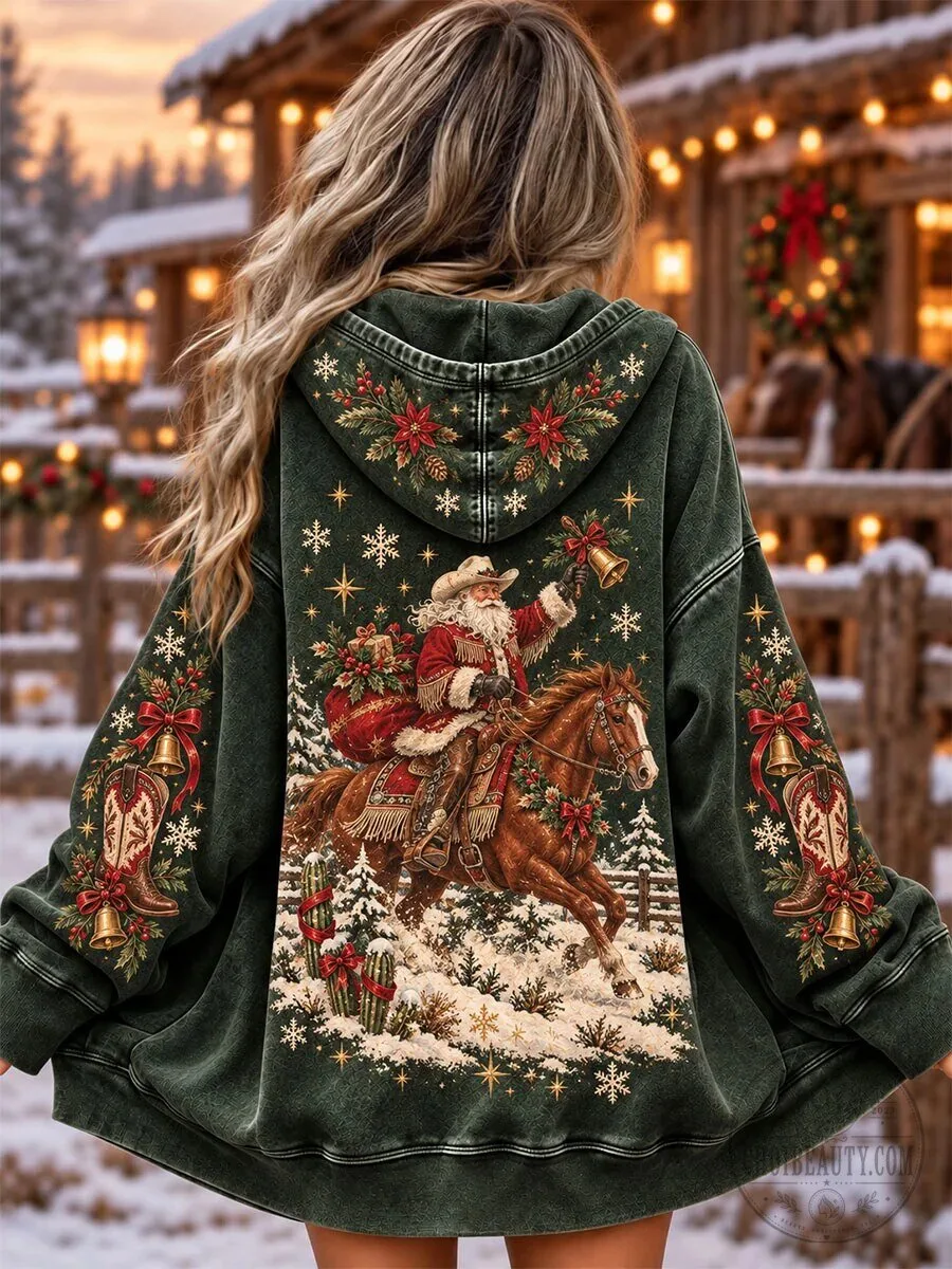 Western Santa Claus Riding Horse Christmas Holiday Hoodie for Women