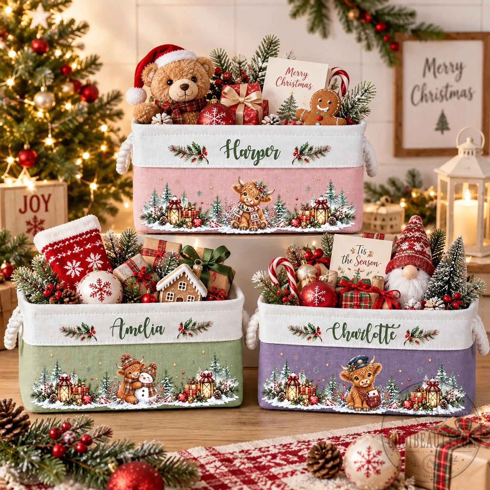 Personalized Highland Cow Christmas Storage Basket for Holiday Decor and Gifts