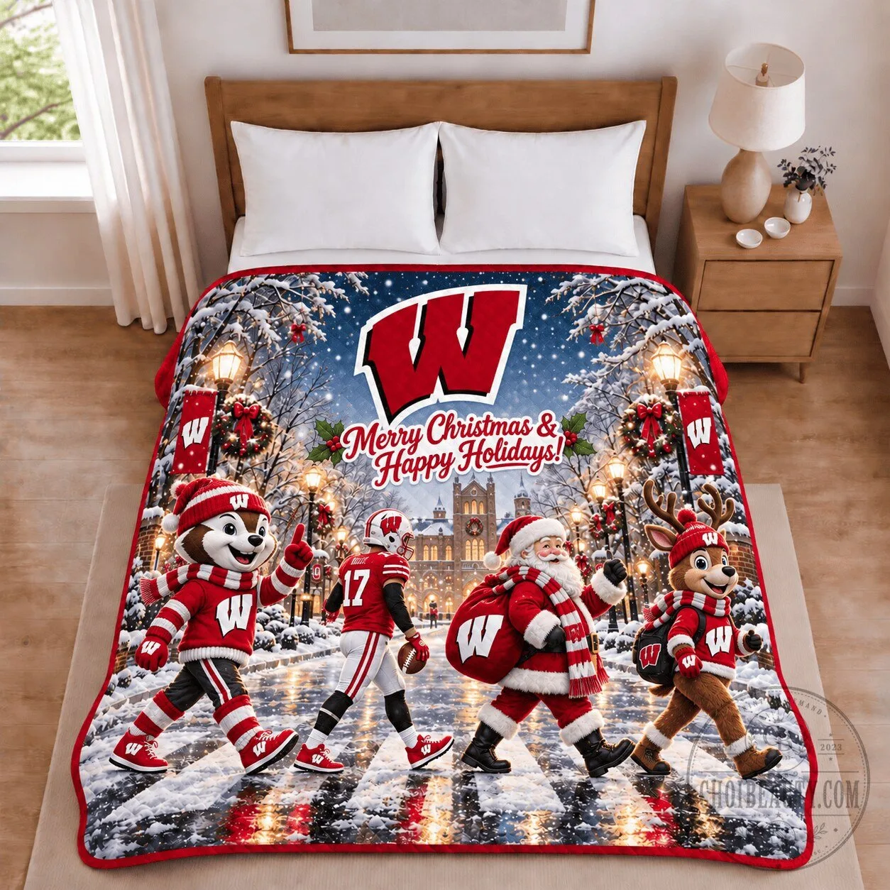 Wisconsin Badgers Christmas Football Merry Christmas Happy Holidays Blanket