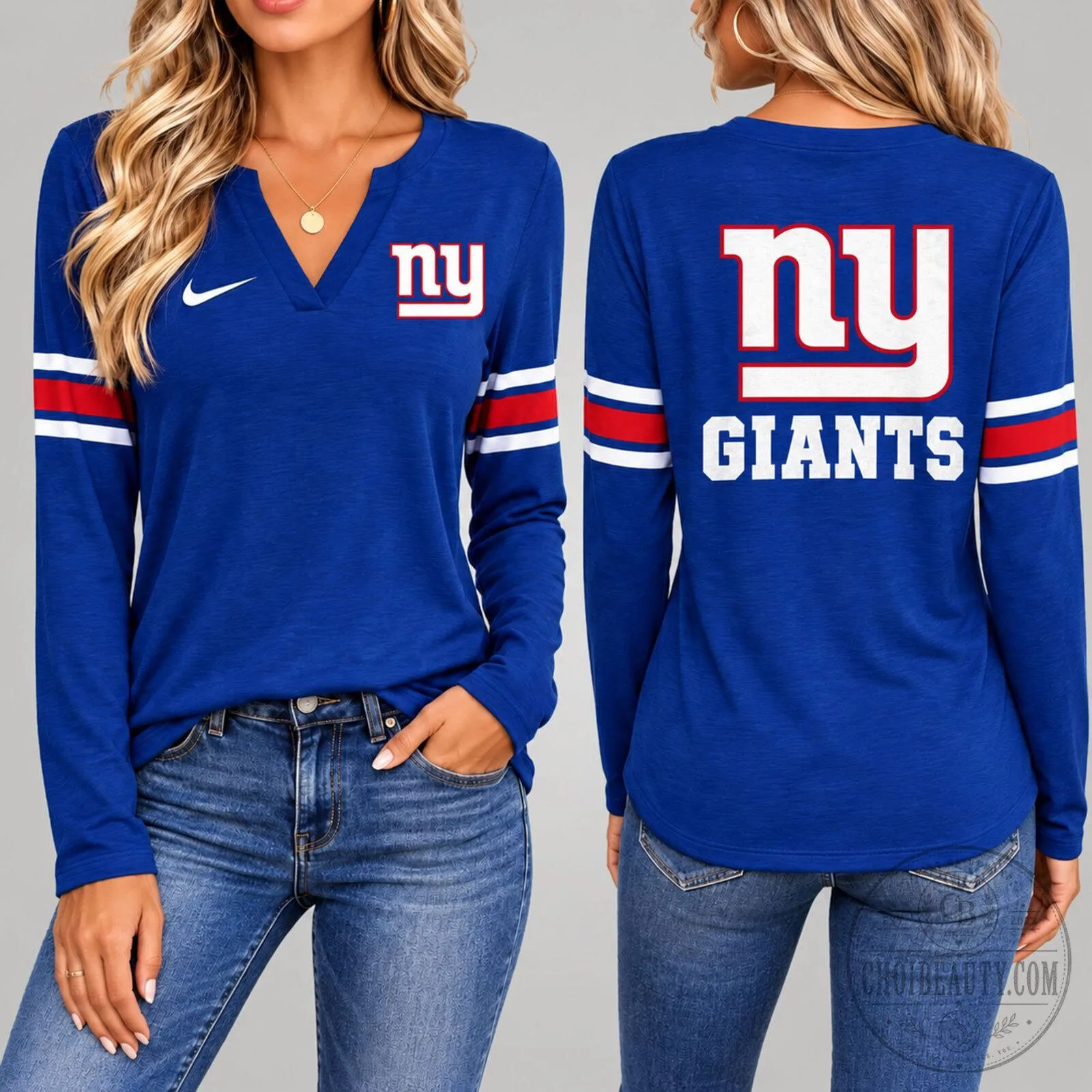 New York Giants Women's NFL Team Logo V-Neck Long Sleeve Shirt