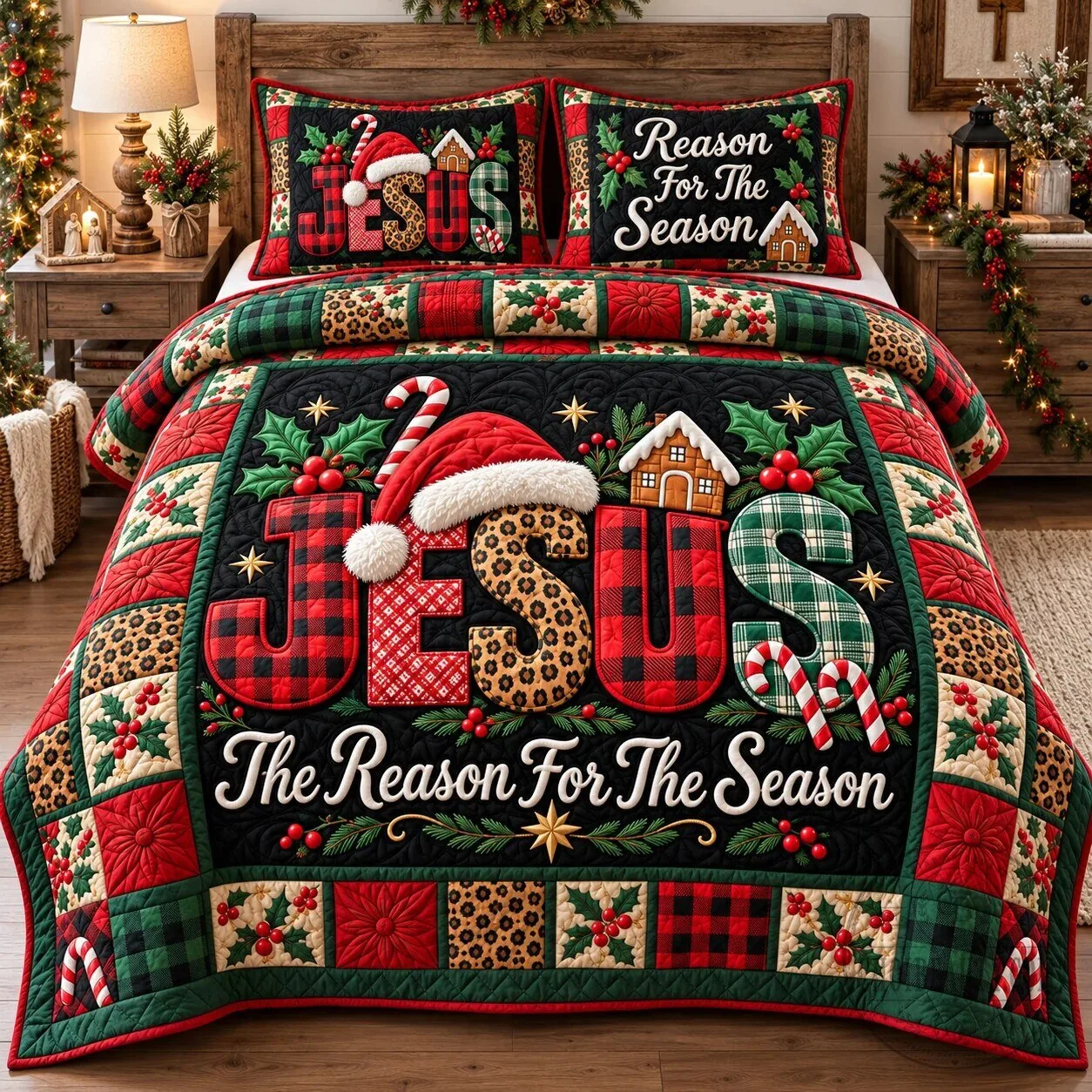 Christmas Quilted Bedding Set Featuring Jesus As The Reason For The Season