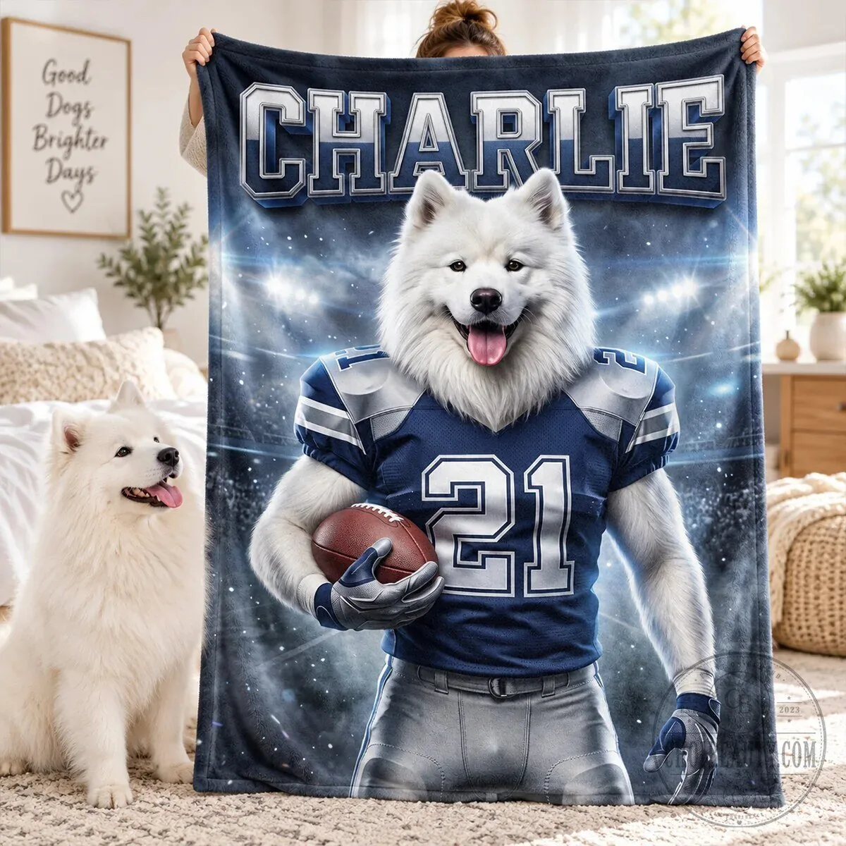 Personalized Football Dog Portrait Fleece Blanket - Custom Pet Photo Gift for Dog Lovers