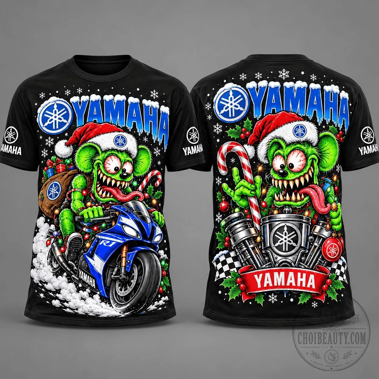 Yamaha Christmas Monster Riding Motorcycle Holiday T-Shirt 1 Yamaha Christmas Monster Riding Motorcycle Holiday T-Shirt