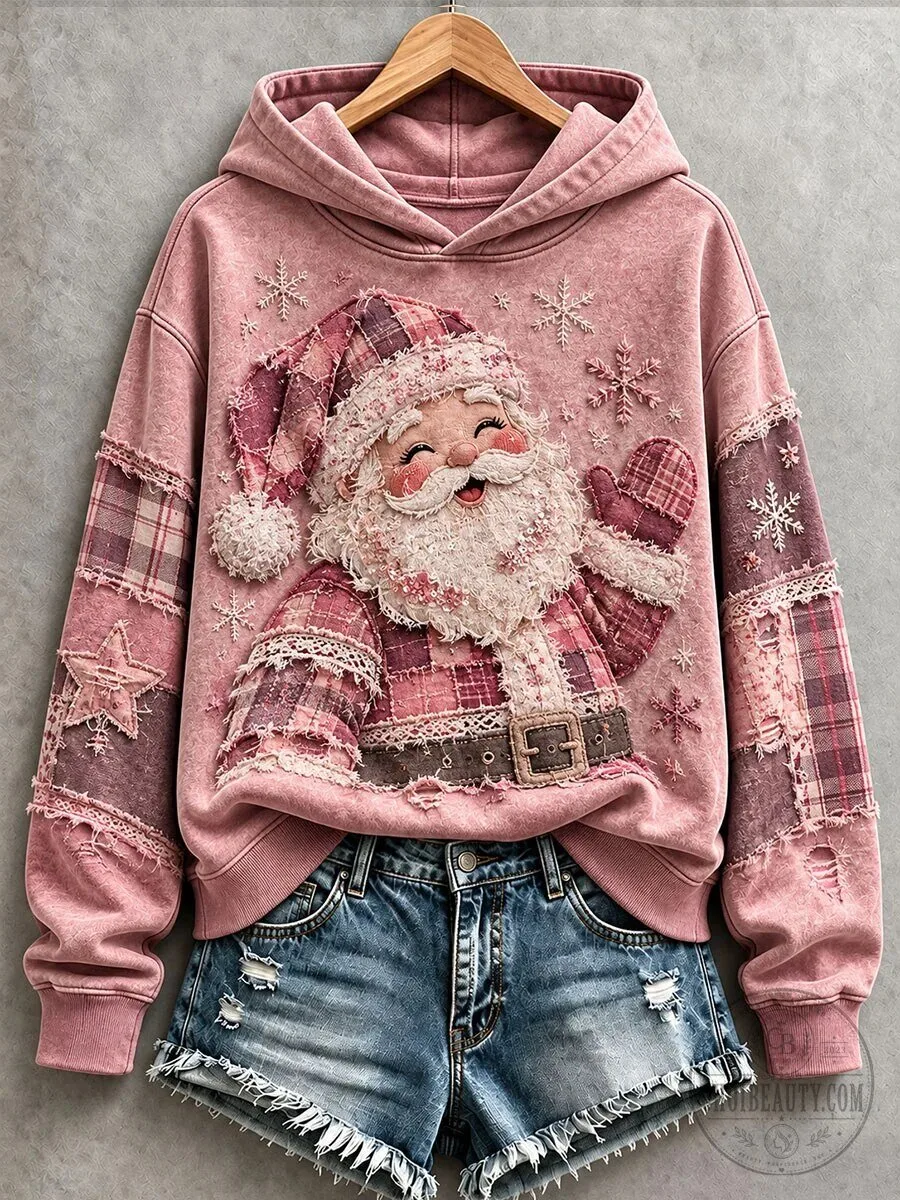 Women's Pink Santa Claus Patchwork Christmas Holiday Hoodie 2 Women's Pink Santa Claus Patchwork Christmas Holiday Hoodie