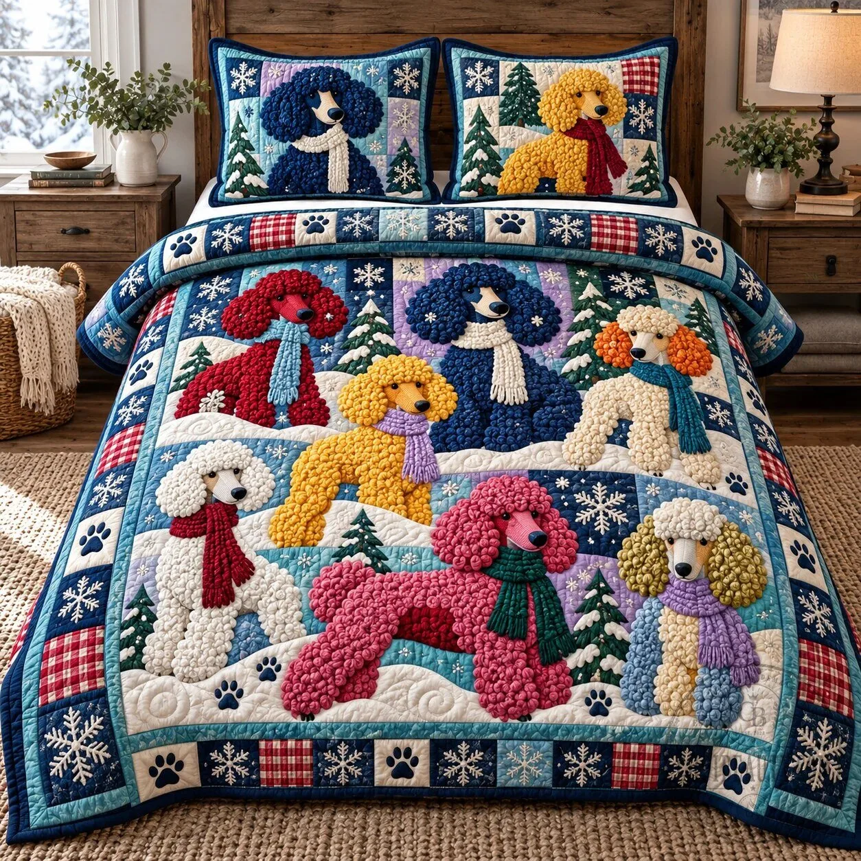Winter Poodle Crew 3-Piece Quilted Bedding Set with Snowflakes