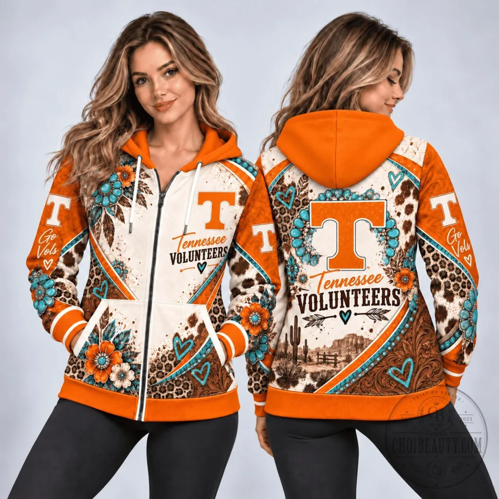 Tennessee Volunteers Western Boho Floral Leopard Print Full Zip Hoodie Tennessee Volunteers Western Boho Floral Leopard Print Full Zip Hoodie