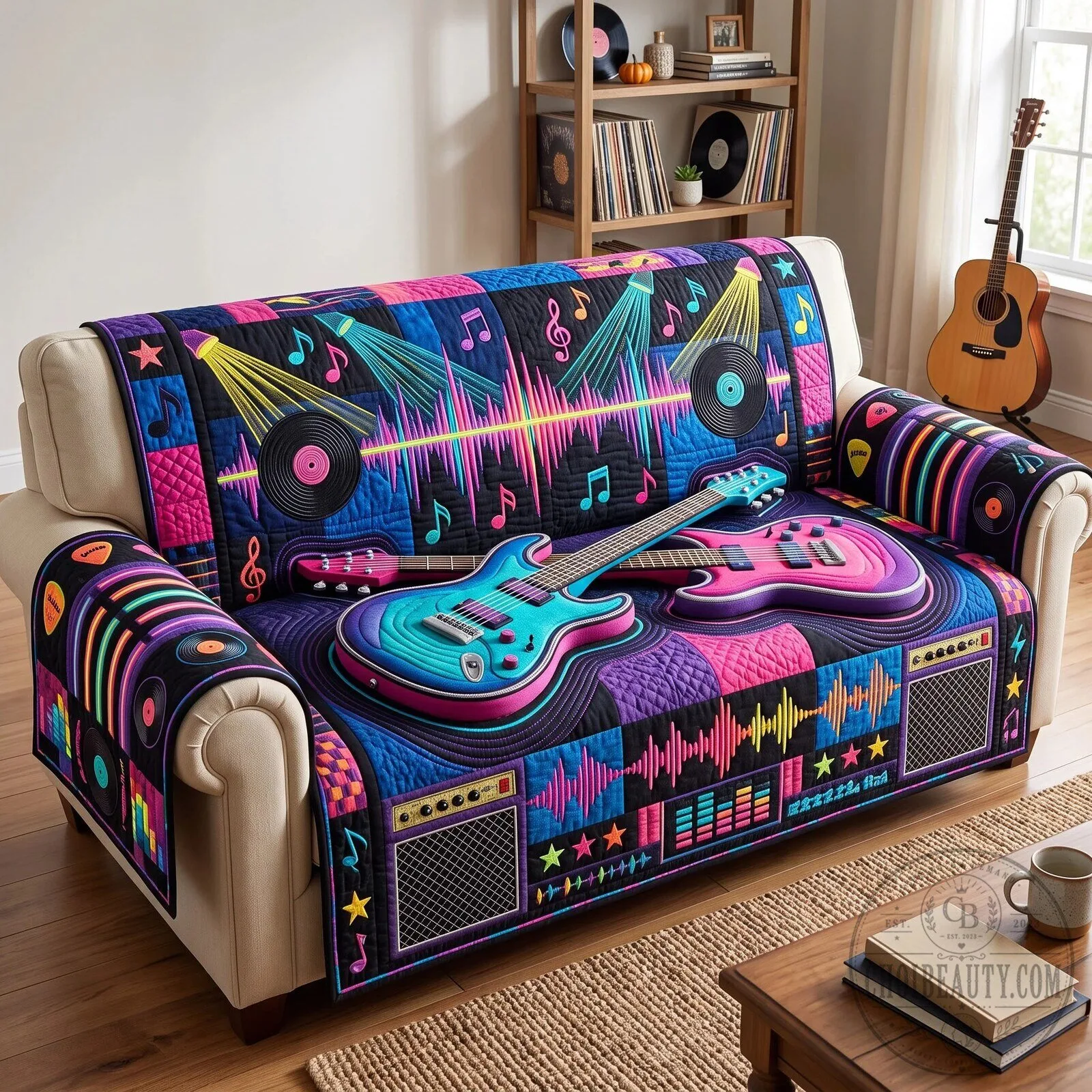 Vibrant Guitar Music Themed Quilted Sofa Cover for Living Room Decor