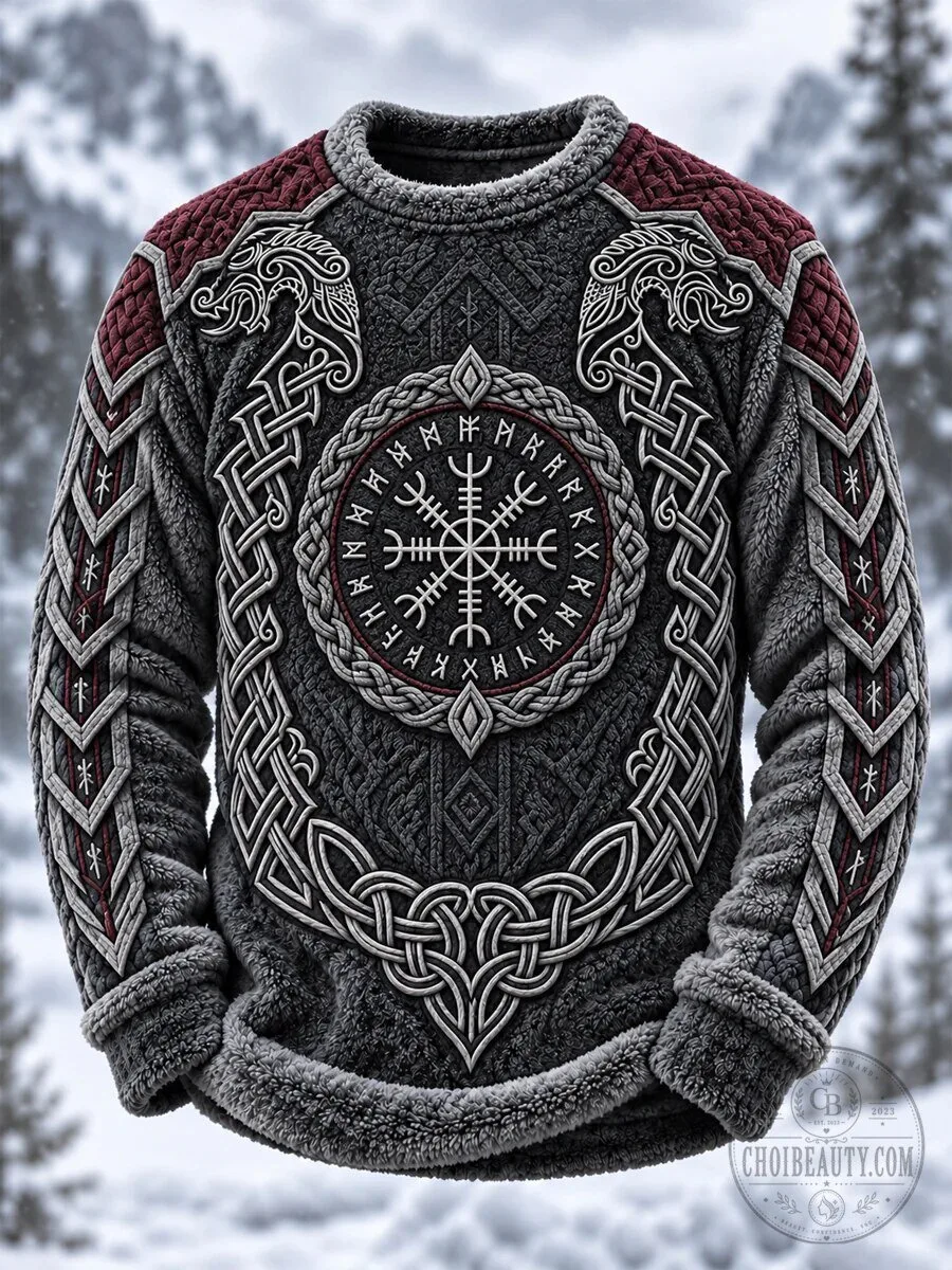 Viking Art Round Neck Flannel Pullover Sweater Winter Knitwear