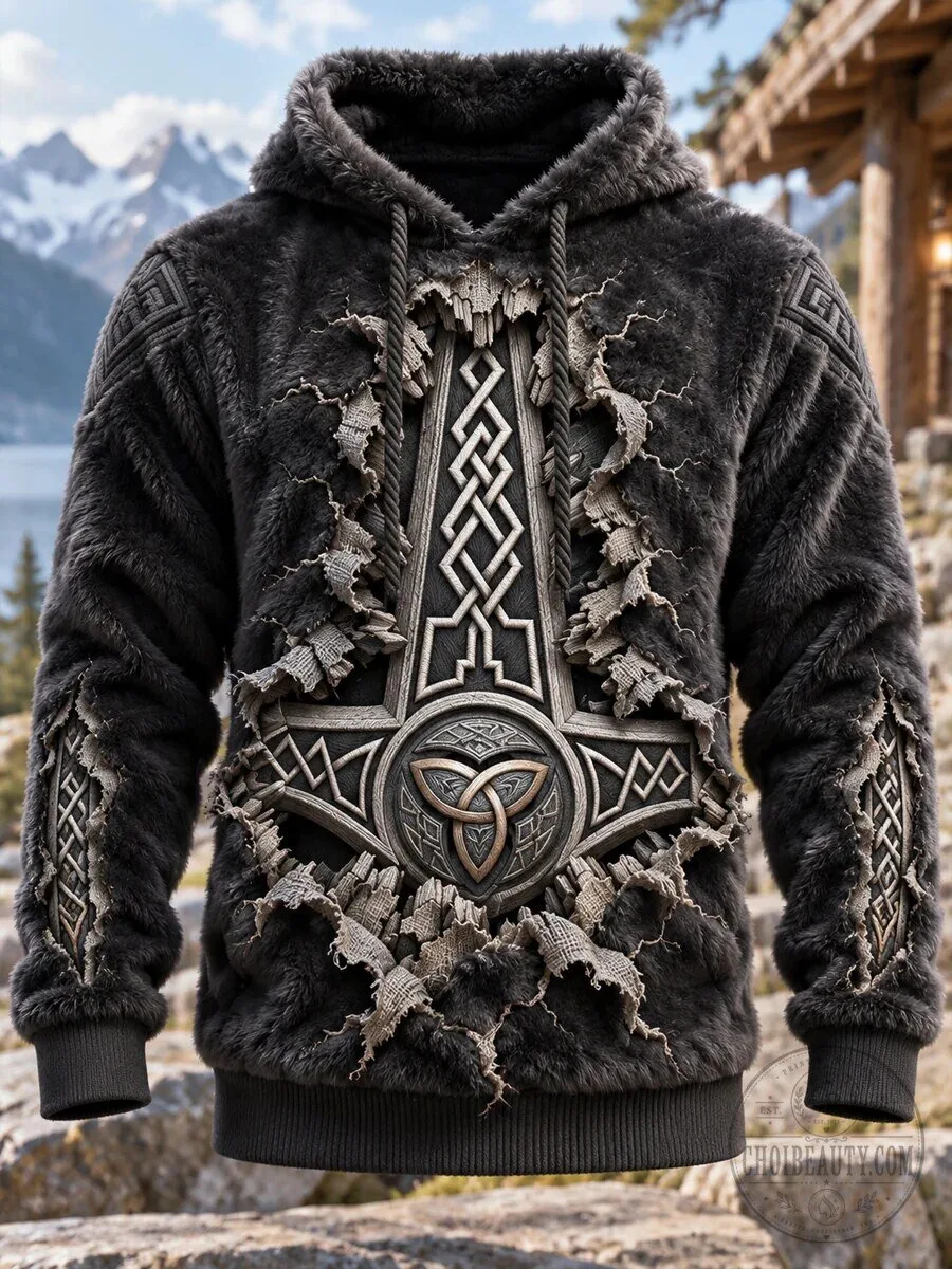 Viking Art Faux Fur Hoodie with Mjolnir and Celtic Knot Design