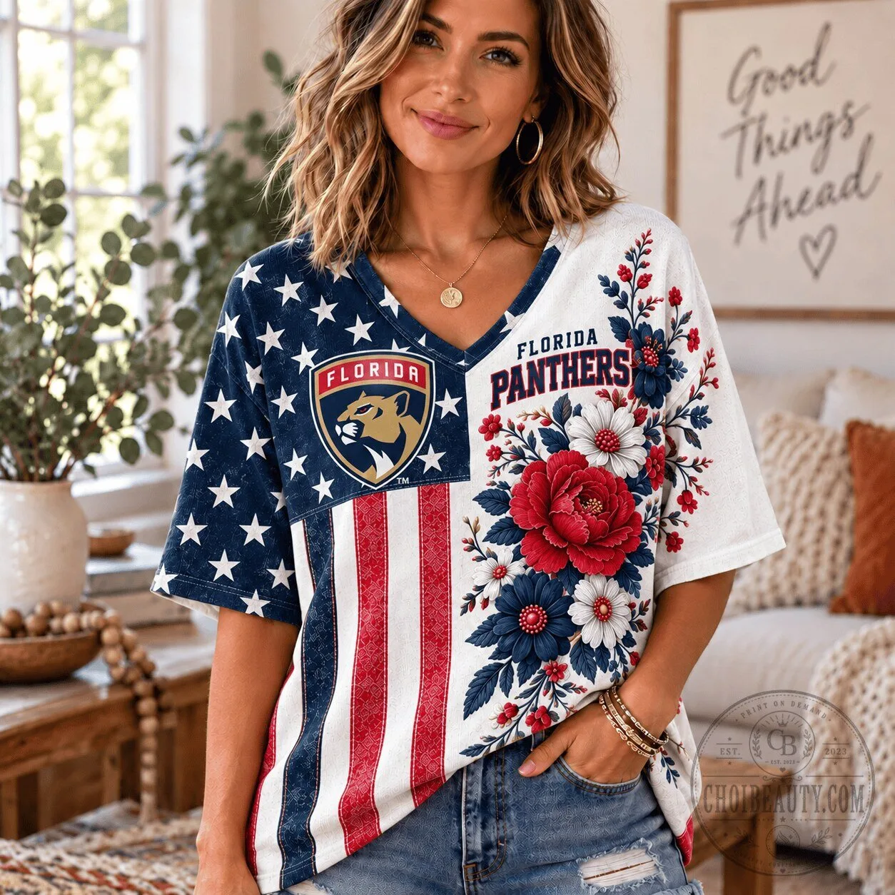 Florida Panthers NHL Fan Shirt for Women, Patriotic Floral V-Neck T-Shirt