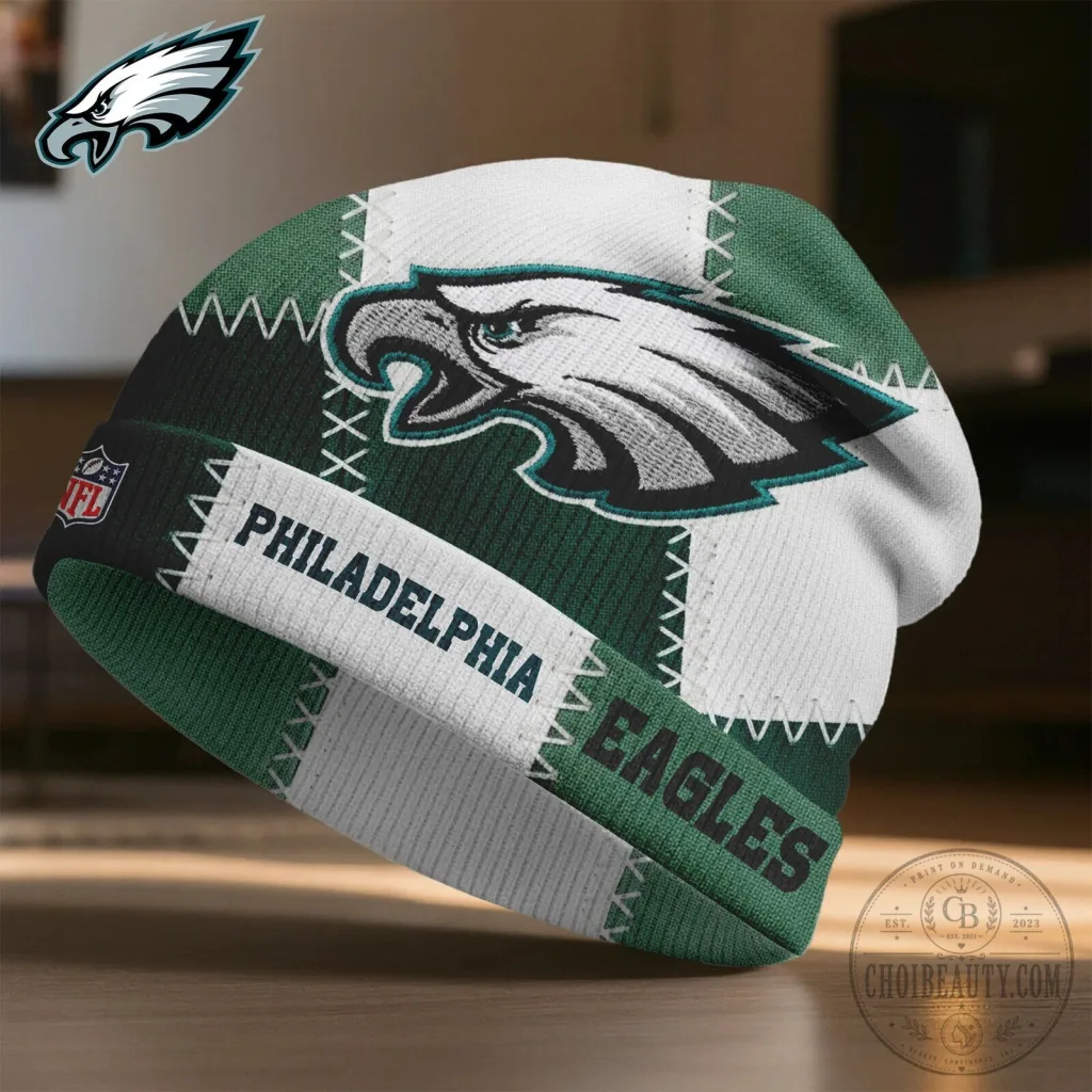 Philadelphia Eagles NFL Football Team Logo Patchwork Knit Beanie Hat Philadelphia Eagles NFL Football Team Logo Patchwork Knit Beanie Hat
