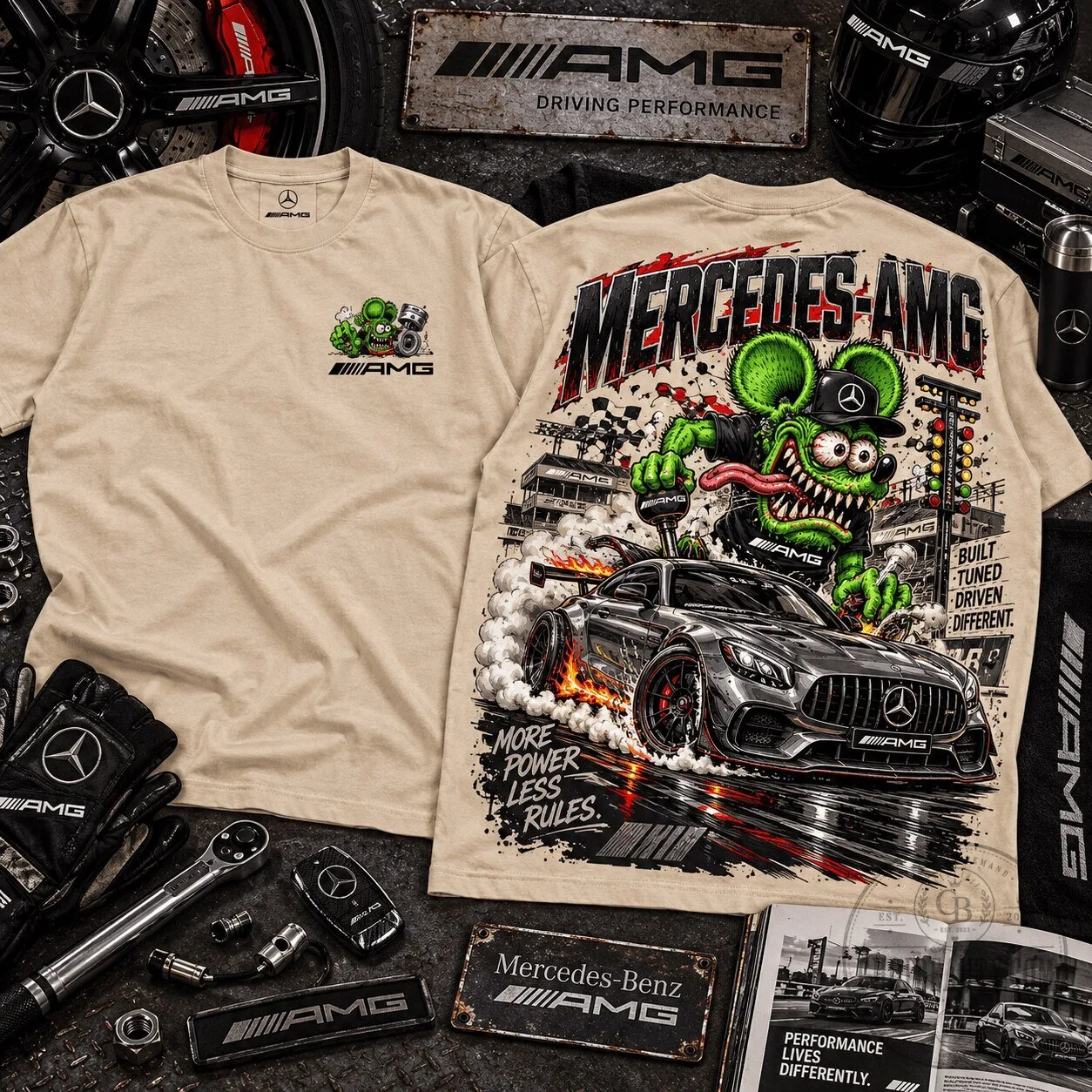 Mercedes-AMG Rat Fink Performance Car Graphic T-Shirt for Motorsport Fans