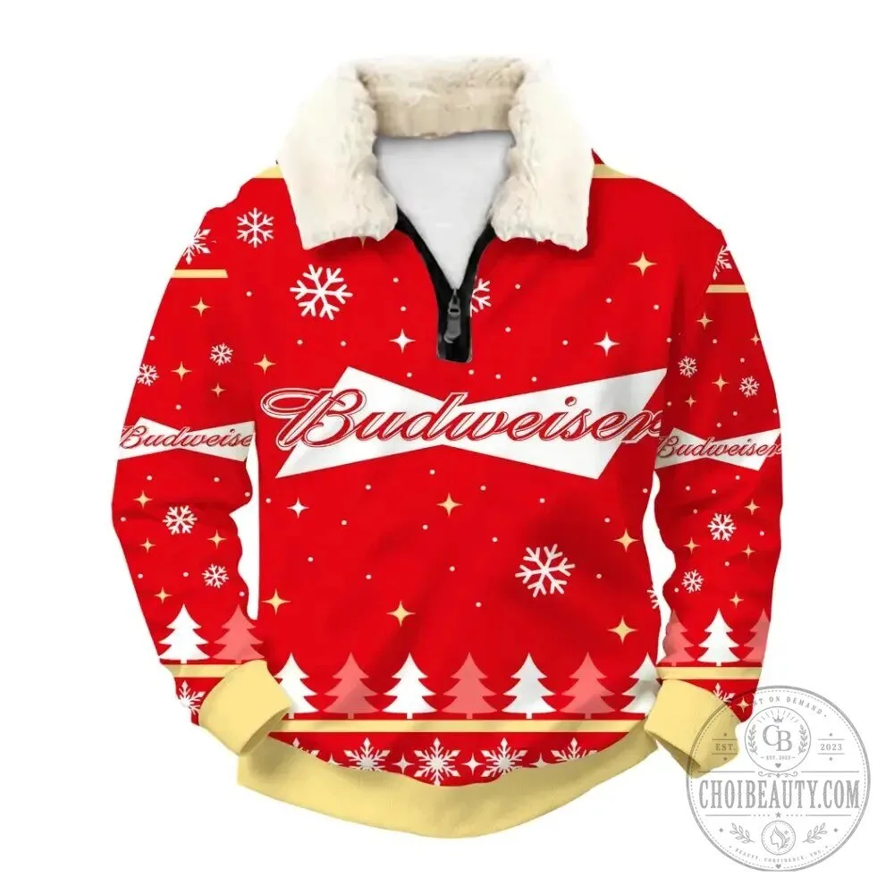 Budweiser Christmas Holiday Quarter Zip Faux Fur Collar Sweatshirt 2 Budweiser Christmas Holiday Quarter Zip Faux Fur Collar Sweatshirt