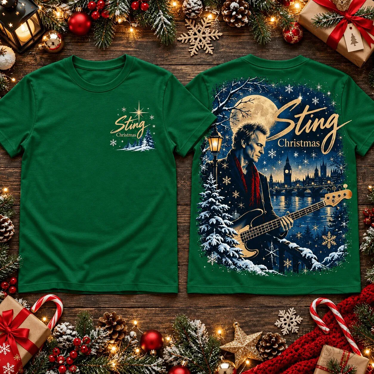 Sting Moonlit London Christmas Bass Player Music Fan Green T-Shirt 2 Sting Moonlit London Christmas Bass Player Music Fan Green T-Shirt