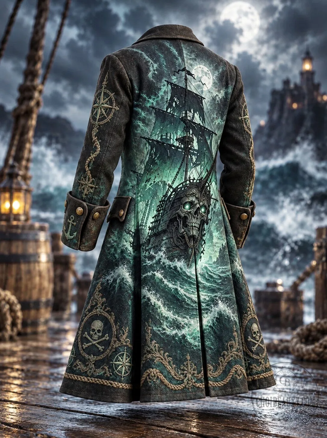 Pirate Ship Skull Treasure Map Nautical Design Long Coat Jacket