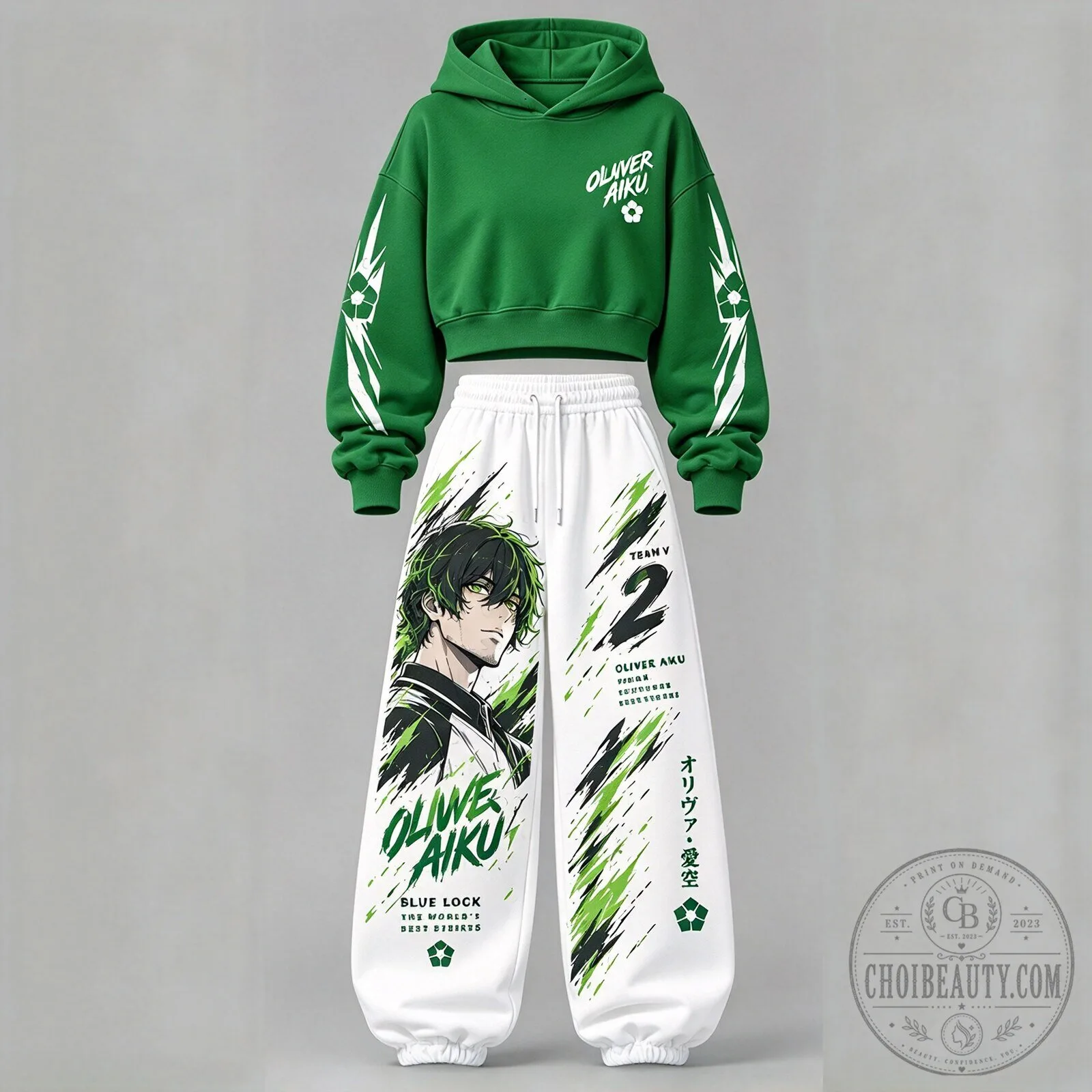 Blue Lock Oliver Aiku Anime Manga Character Green Cropped Hoodie and Sweatpants Set
