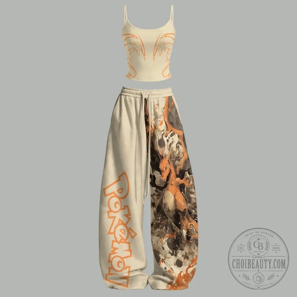 Pokemon Charizard Graphic Print Cropped Tank Top and Sweatpants Set