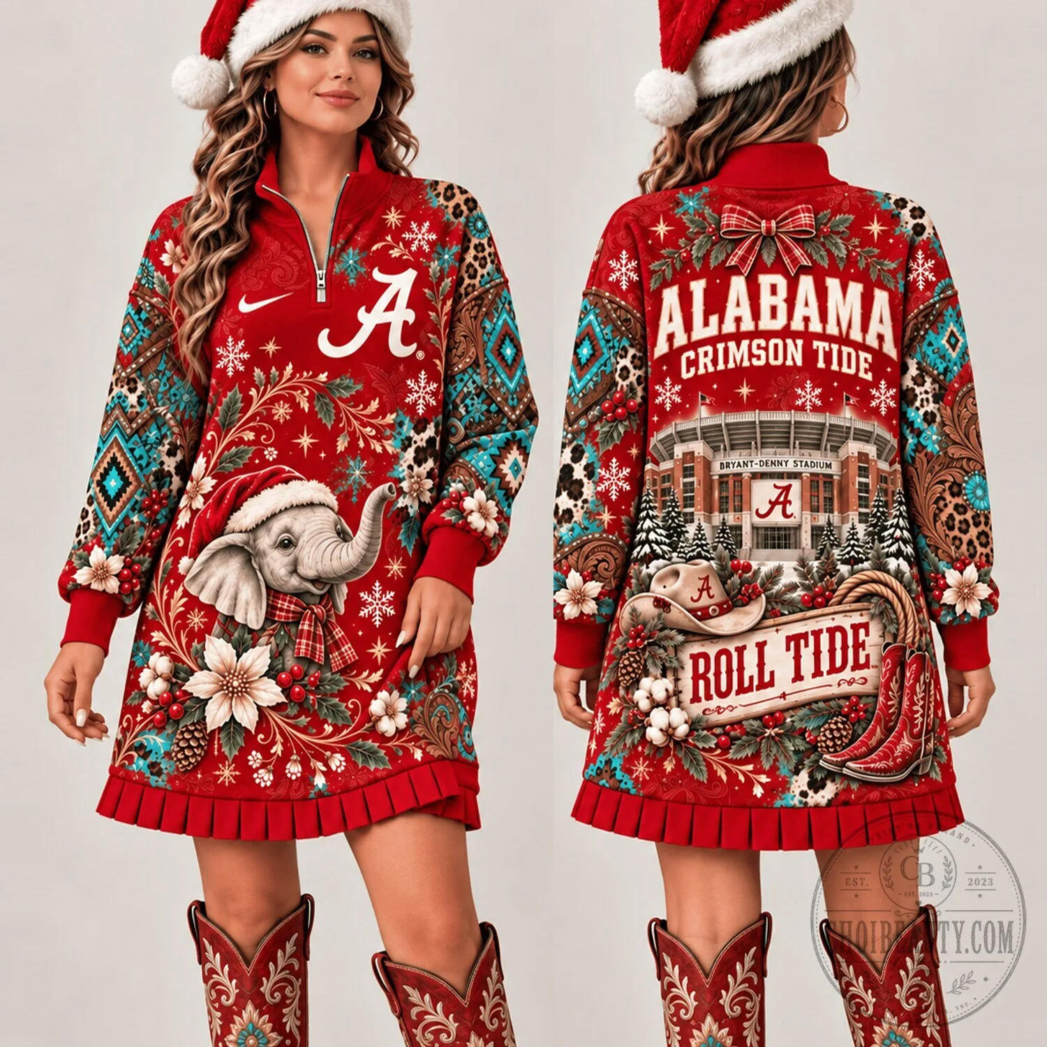 Alabama Crimson Tide Christmas Elephant Western Boho Sweatshirt Dress