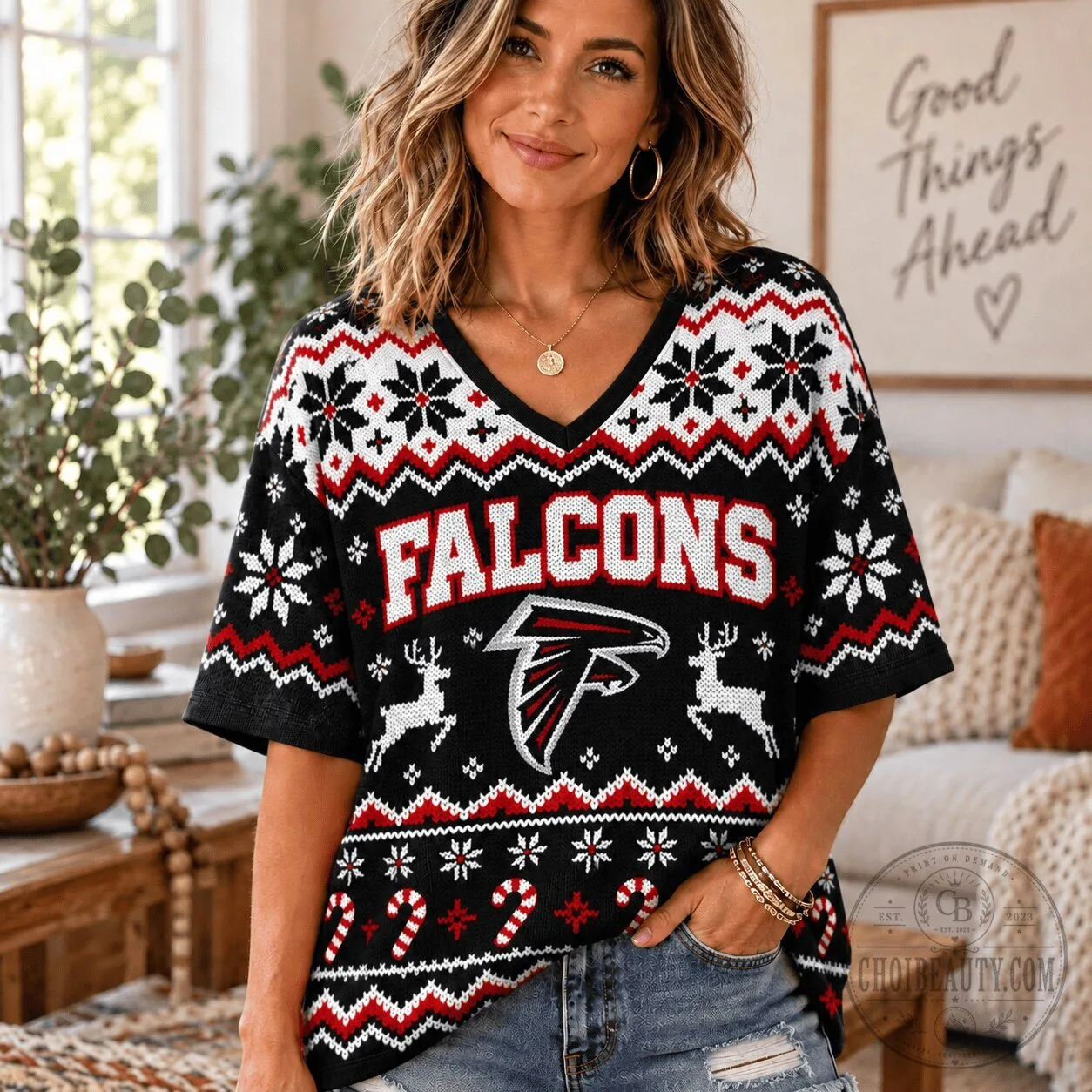 Atlanta Falcons Christmas Snowflake Reindeer Candy Cane Ugly Sweater