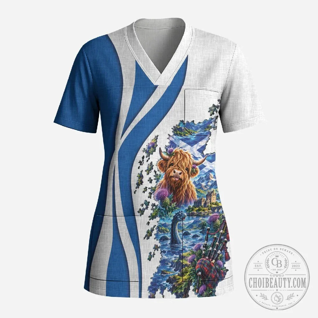 Scottish Flag Highland Cow and Map Cultural Art V-Neck Scrub Top